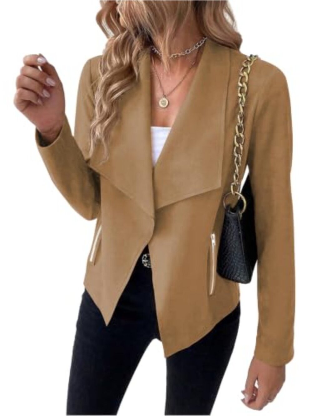 Faux Suede Cropped Blazer Women's Casual Long Sleeve Open Front Jacket